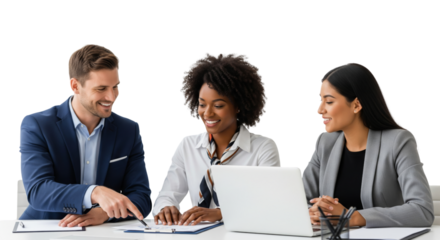 Three business people working together with a laptop and documents, looking happy isolated on white or transparent background