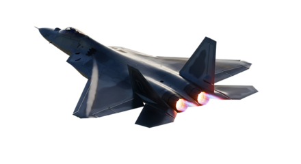 Stealth fighter jet with glowing engines and exhaust trails in flight, isolated on a white or transparent background, cutout, PNG
