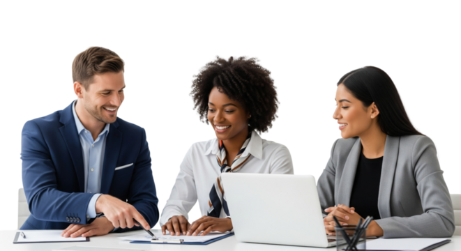Three business people working together with a laptop and documents, looking happy isolated on white or transparent background