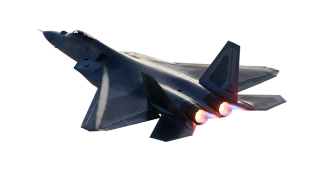 Stealth fighter jet with glowing engines and exhaust trails in flight, isolated on a white or transparent background, cutout, PNG - Powered by Adobe