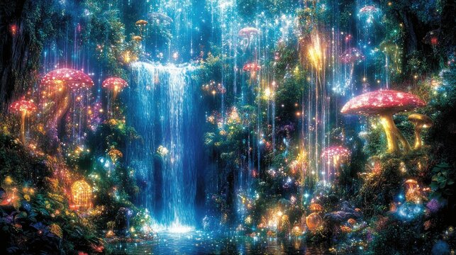 Enchanted Bioluminescent Forest Waterfall with Glowing Mushrooms and Fairy Lights