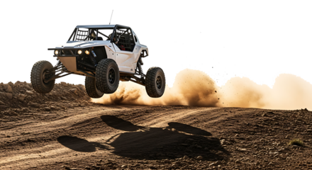 White off road buggy mid air jump kicking up dust, isolated on a white or transparent background, cutout, PNG