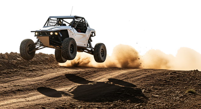 White off road buggy mid air jump kicking up dust, isolated on a white or transparent background, cutout, PNG