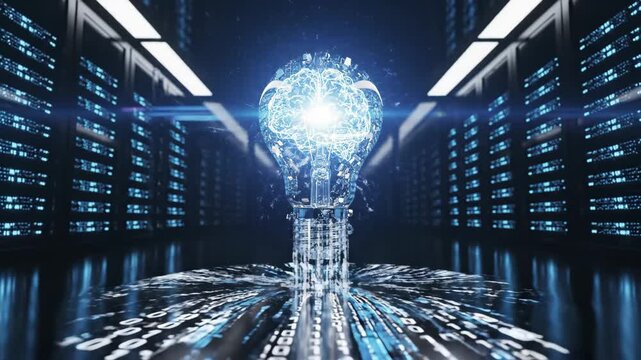 AI Brain in Data Center - A translucent lightbulb shaped like a brain sits in the center of a dark server room. Code emanates from the base of the bulb, reflecting on the floor.
