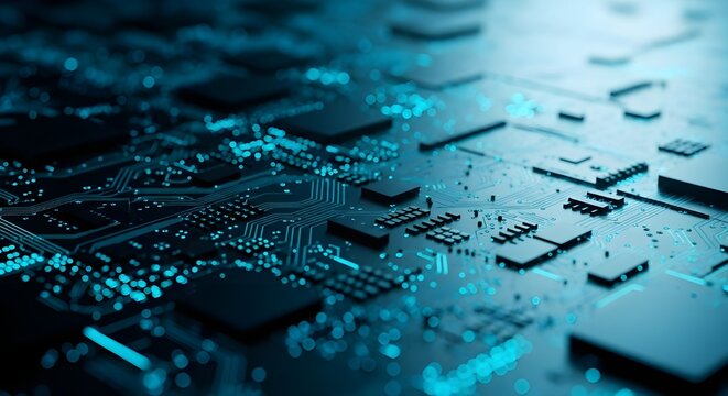Close up of a futuristic glowing blue circuit board with intricate details