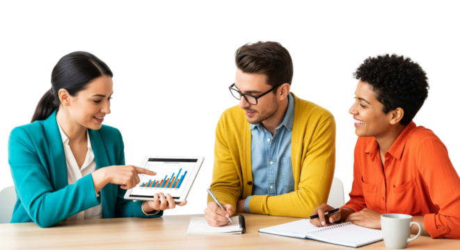 Three business people working together with tablet and documents, looking happy isolated on white or transparent background
