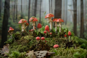 Naklejka premium Cluster of vibrant fly agaric mushrooms thriving on a bed of moss in an autumnal forest setting