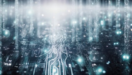 Abstract Digital Circuit Board with Glowing Blue Lights.