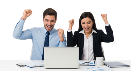 Successful business team working together with laptop isolated on white or transparent background