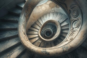 Stone spiral staircase going down, showing detailed carvings and architecture
