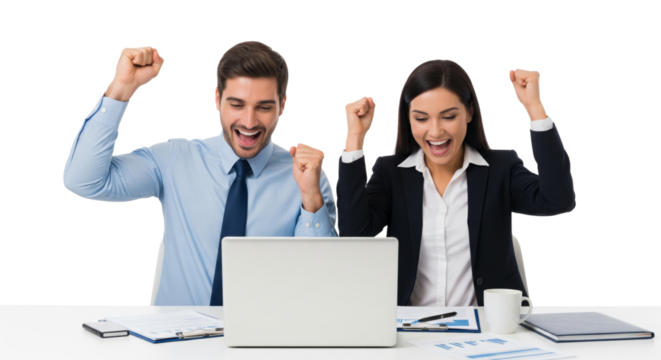 Successful business team working together with laptop isolated on white or transparent background