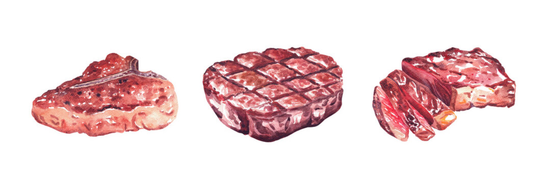 Raw beef steaks, food concepts. An appetizing piece of fried meat. Watercolor illustration of a steak for a restaurant menu. Hand drawn watercolour illustration isolated on a white background 