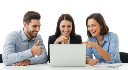 Successful business team, two young business people working together with laptop isolated on white or transparent background