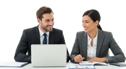 Successful business team, two young business people working together with laptop isolated on white or transparent background