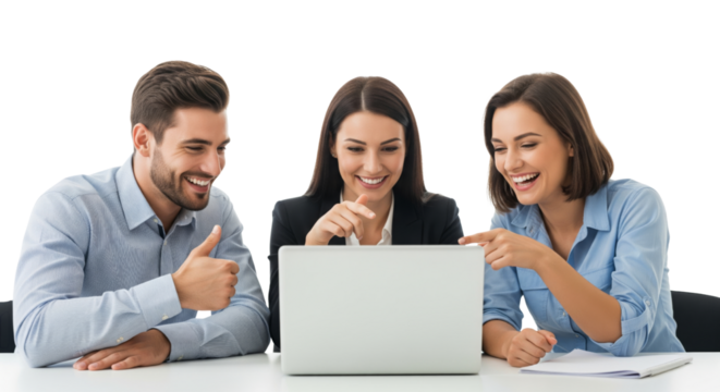 Successful business team, two young business people working together with laptop isolated on white or transparent background