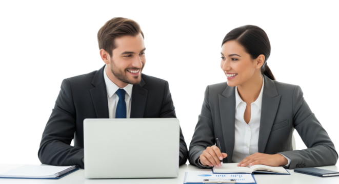 Successful business team, two young business people working together with laptop isolated on white or transparent background