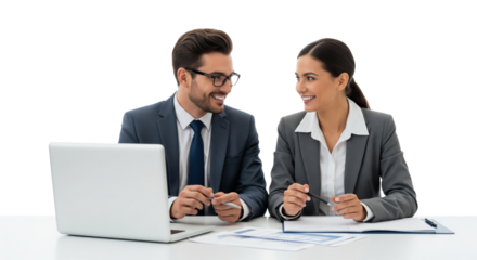 Successful business team, two young business people working together with laptop isolated on white or transparent background