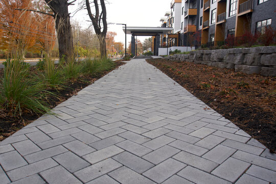 A low-angle perspective of a modern, gray paver walkway, laid in a herringbone pattern, leading toward an archway and flanked by a contemporary apartment building and landscaping.