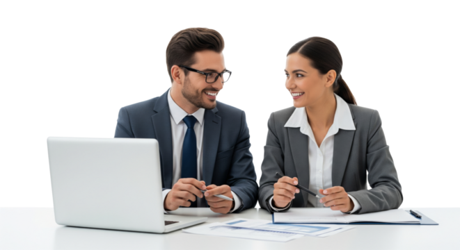Successful business team, two young business people working together with laptop isolated on white or transparent background - Powered by Adobe