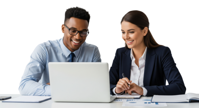Successful business team, two young business people working together with laptop isolated on white or transparent background