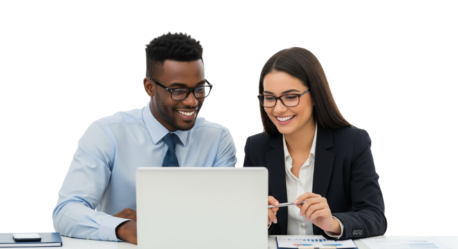 Successful business team, two young business people working together with laptop isolated on white or transparent background