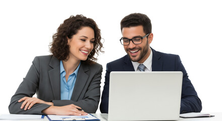 Obraz premium Successful business team, two young business people working together with laptop isolated on white or transparent background