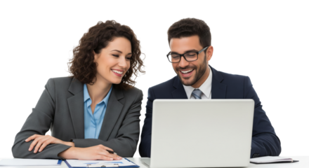 Successful business team, two young business people working together with laptop isolated on white or transparent background