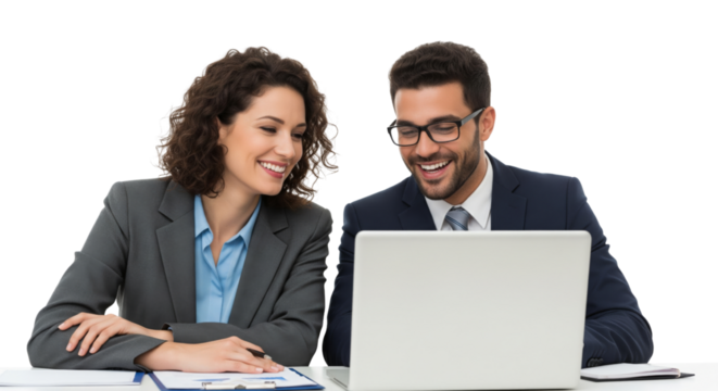 Successful business team, two young business people working together with laptop isolated on white or transparent background - Powered by Adobe