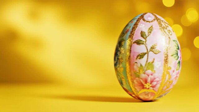 Decorated Easter Egg on Yellow Background - A close-up shot showcases a beautifully decorated Easter egg.