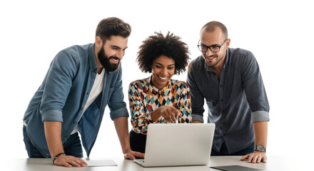 Successful business team, three young business people working together with laptop isolated on white or transparent background