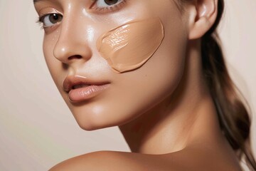 Close up of a beautiful woman applying foundation on her face, showcasing a flawless complexion and the benefits of quality makeup