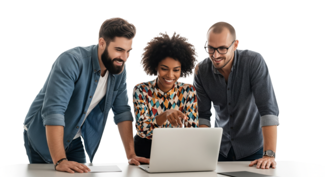 Successful business team, three young business people working together with laptop isolated on white or transparent background - Powered by Adobe