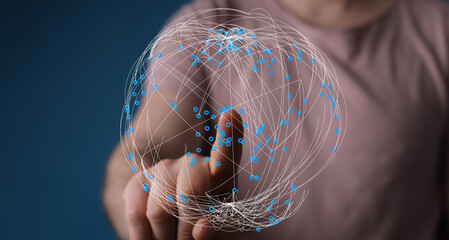 Person's finger touching a digital globe representing global connectivity, technology, communication, and innovation. Perfect for ill