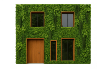 Green facade building with living wall, vertical garden, plants covering an eco-friendly modern urban architecture house