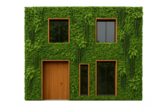 Green facade building with living wall, vertical garden, plants covering an eco-friendly modern urban architecture house