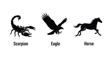 Silhouette illustrations of a scorpion eagle in flight and galloping horse