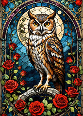 Owl on a branch with full moon and red roses, decorative stained glass art