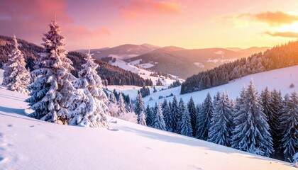 A serene winter landscape with snow-laden fir trees and rolling hills under a colorful sunrise sky.