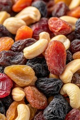 Mixed dried fruits and cashew nuts texture in detailed macro shot