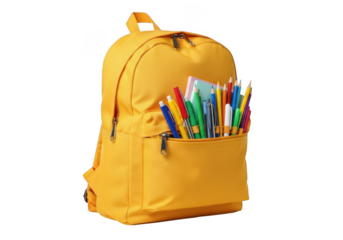 A bright yellow backpack filled with colorful pens pencils and art supplies isolated on transparent background