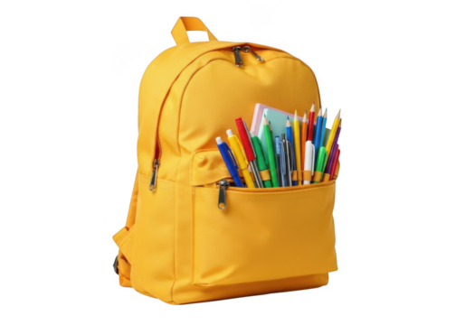 A bright yellow backpack filled with colorful pens pencils and art supplies isolated on transparent background