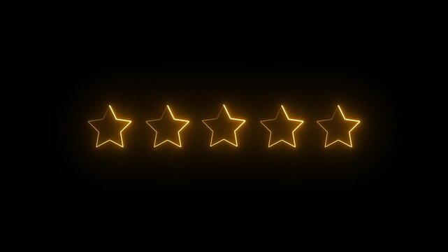 Five stars icon in glowing golden neon animation on a black background for review, feedback, assessment, evaluation, five stars star rating