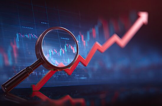 Magnifying glass over financial charts showing an upward trend