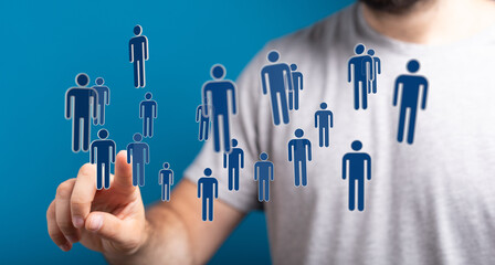 Hand pointing at human icon symbols concept, teamwork, connection, community, digital illustration, communicati