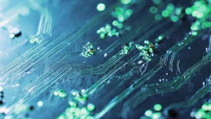 Abstract Microscopic View of Blue and Green Glittering Particles on a Textured Surface.