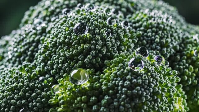 A detailed macro video of water droplets resting on fresh green broccoli florets. Ideal for healthy eating content, grocery ads, or cooking shows.