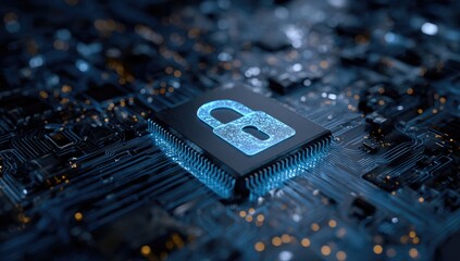 Circuit board with glowing lock icon