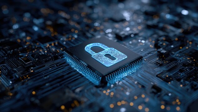 Circuit board with glowing lock icon