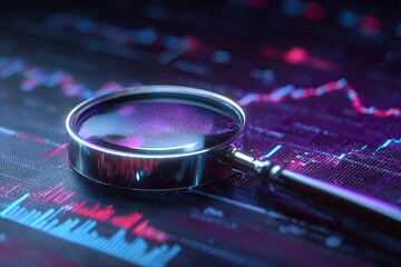Magnifying glass over glowing financial data