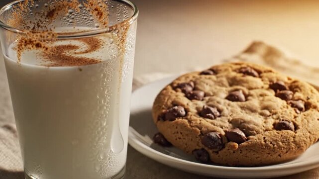A refreshing glass of chilled milk beside a delicious chocolate chip cookie on a cozy table setting